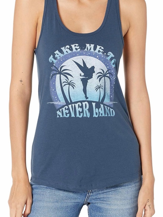 Next Level Apparel Tops - Disney Tinkerbell and Peter Pan Blue Scoop Neck Tank with Never Land Graphic